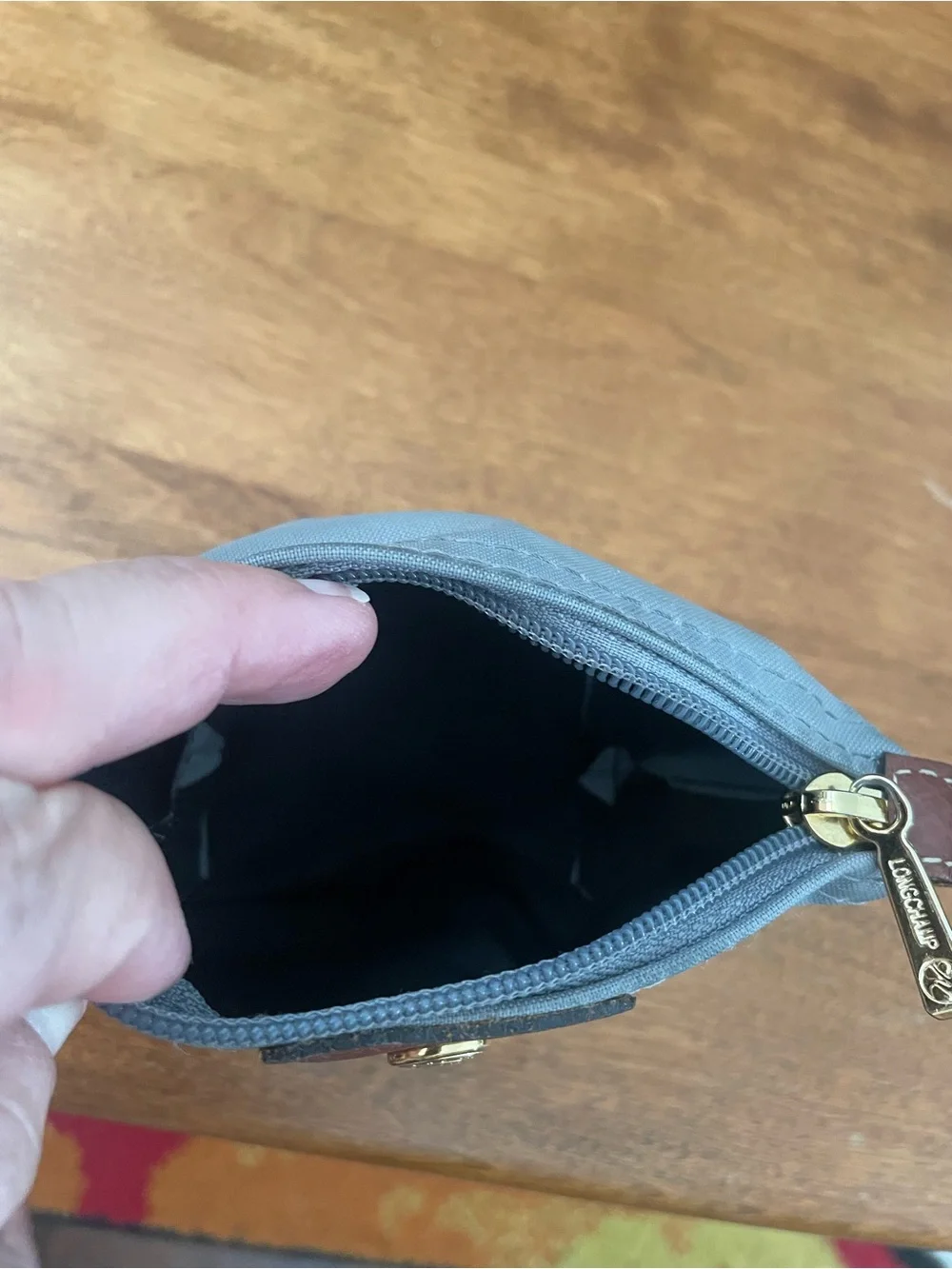 Longchamp Small Gray Pouch with Brown Leather Trim